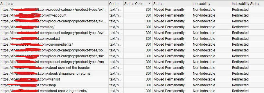 301 redirects issues in screaming frog